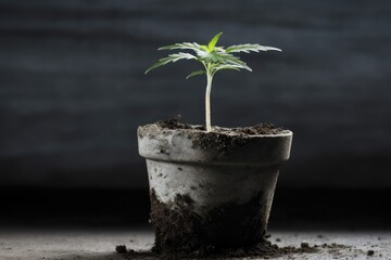 small potted plant on a dirt surface