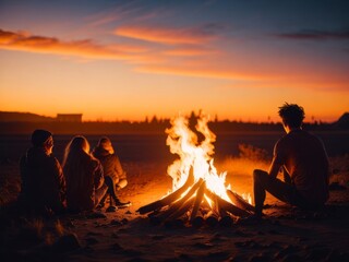Back view Group of people sitting around campfire at sunset. Generative AI
