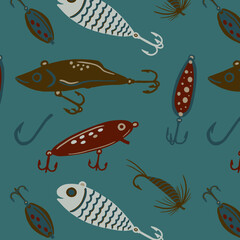 Fototapeta premium Fishing lures vintage seamless pattern in vector