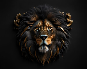 Lion head with golden and black hair on black background