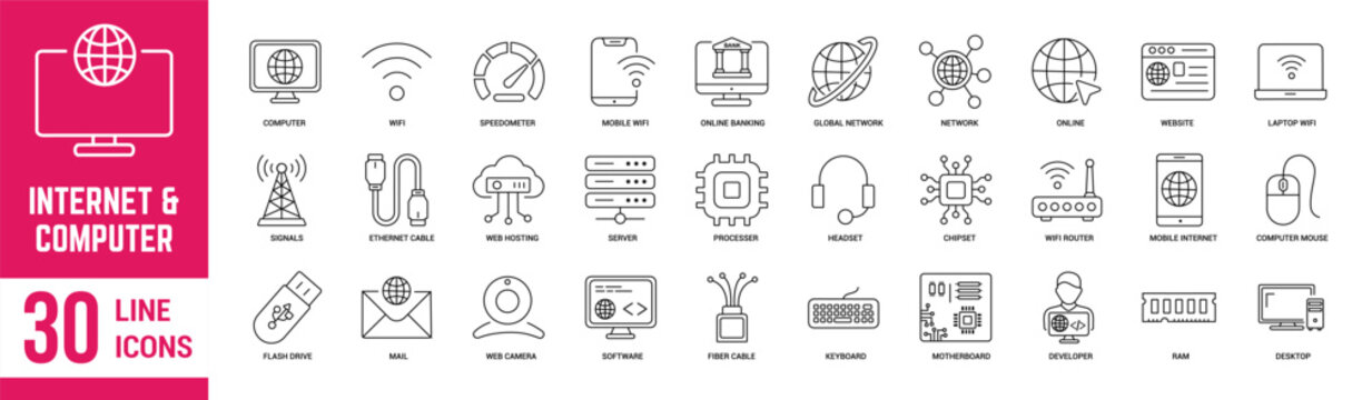 Internet and Computer thin line icons set. Computer, internet, network, wifi, web hosting, website, server, software, hardware and processer. Vector illustration