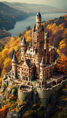 Obraz premium Miniature Landscape, Fantasy cartoon castle in the forest for children. A castle in a fairy tale creative with generative AI technology.