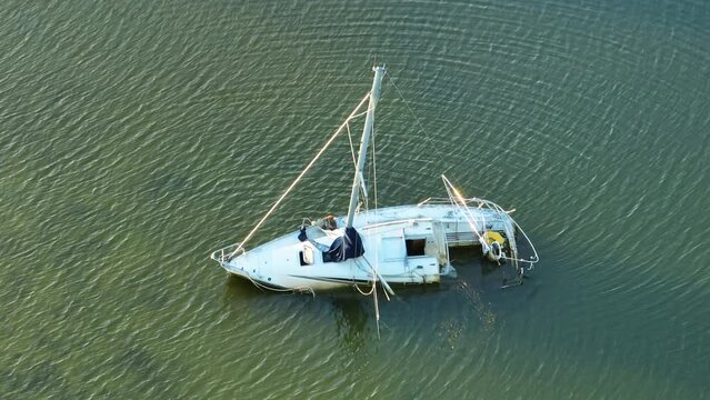 Half sunken sailing yacht capsized on shallow bay waters after hurricane Ian in Manasota, Florida