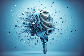 Vintage chrome microphone shatters explodes into big and small pieces, blue background. Grunge, nostalgia