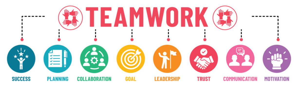 Teamwork Infographic Banner Icons Set. Business Team, Collaboration, Teamwork, Team Management, Discussion, Interaction And Solution. Vector Illustration.