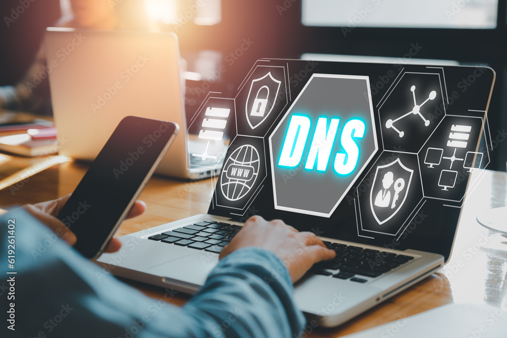 Poster dns, domain name system server concept, person hand working on laptop computer with domain name syst
