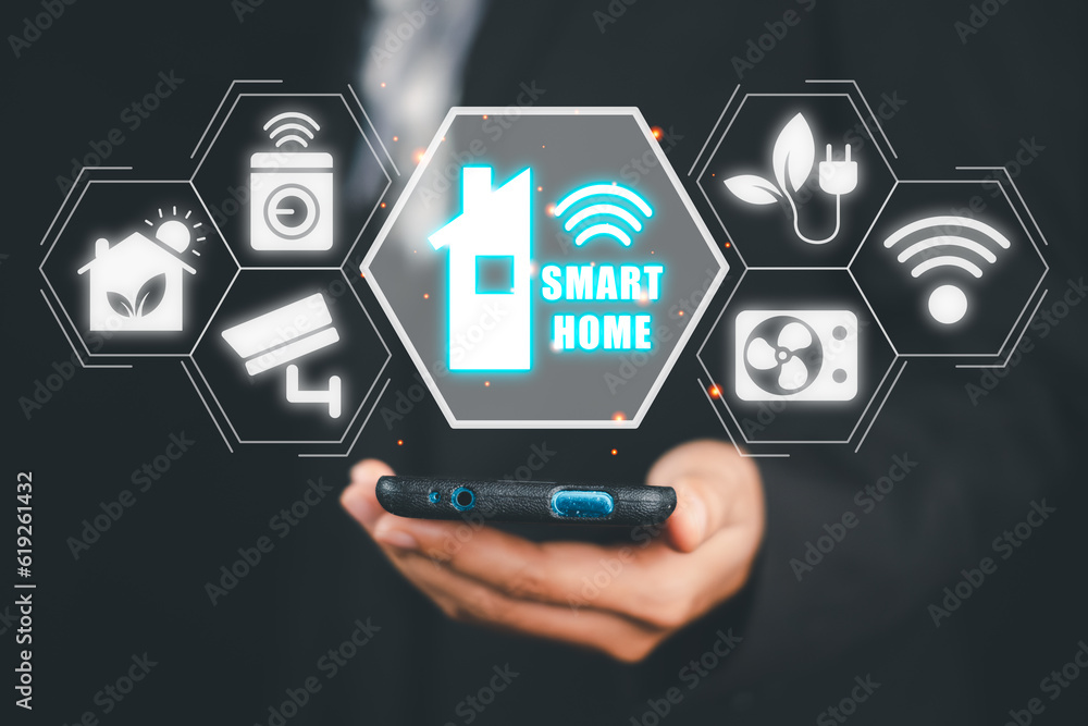 Poster smart home automation control system, man hand using smart phone with smart home control icon on vr 