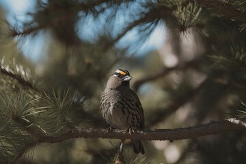 bird sitting on a pine tree branch