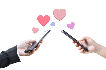 Couple hands holding mobile phone with hearts, Love symbol on transparent background.