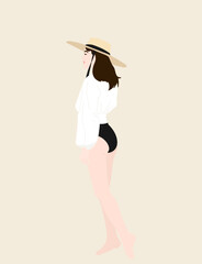 A woman wearing swimsuit with floppy hat - a concept illustration of fashion