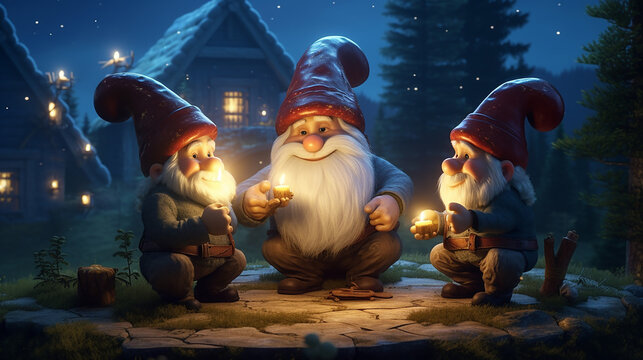 3 dwarves are having a conversation in front of their mushroom house AI Generative