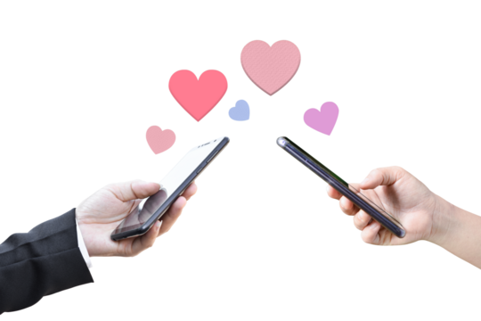 Couple hands holding mobile phone with hearts, Love symbol on transparent background.