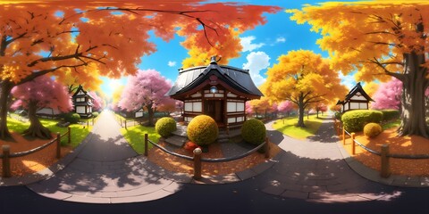 秋の公園に佇む和風の小屋