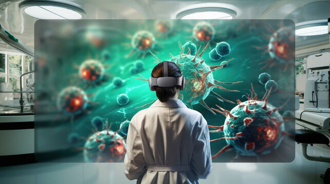 Doctor wearing VR goggles in a lab to view an image of cancer cells