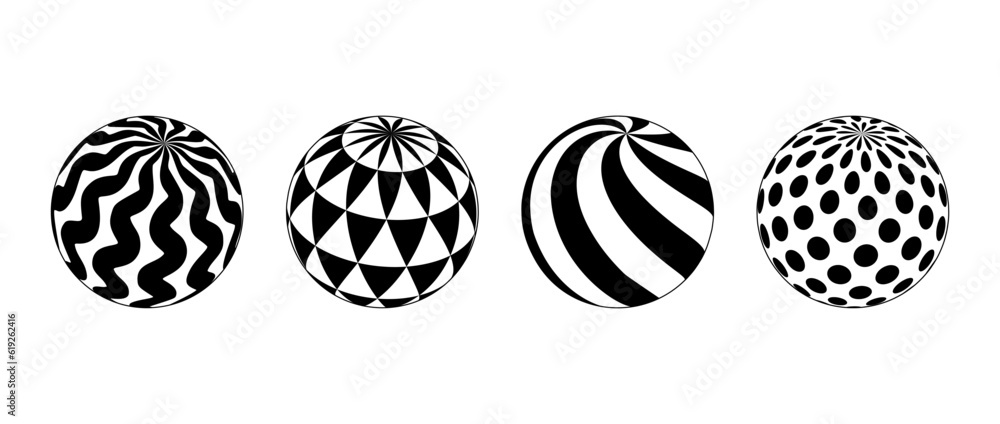 Poster Collection of spheres with different patterns. Striped, dotted and waved 3d balls set. Black and white geometric elements for design templates, icons, logo. Abstract vector globes pack