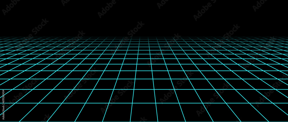 Aufkleber Neon blue flat wireframe grid. Vanishing checkered floor landscape. Horizontal chessboard plane fading in perspective. Black and white lattice surface background. Abstract vector illustration 