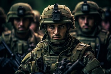 Portrait of a European army soldier in the ranks with selective focus. AI generated, human enhanced - obrazy, fototapety, plakaty