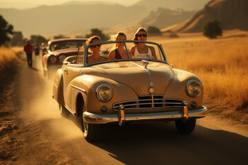 Nostalgic Road Adventures: Young Women Friends Raising Hands in a Classic Convertible Car on a Picturesque Country Road

