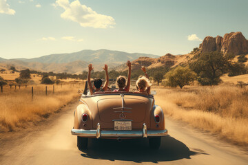 Nostalgic Road Adventures: Young Women Friends Raising Hands in a Classic Convertible Car on a Picturesque Country Road
 - obrazy, fototapety, plakaty