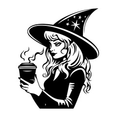 Woman in witch hat with coffee cup. Pumpkin spice latte, Halloween costume. Black silhouette. Hand drawn cartoon style. Vector flat illustration isolated on white background.