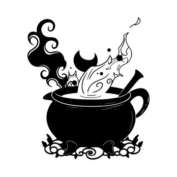 Halloween witch brew cauldron. Black silhouette of magic potion. Cartoon style. Vector flat illustration isolated on white background.