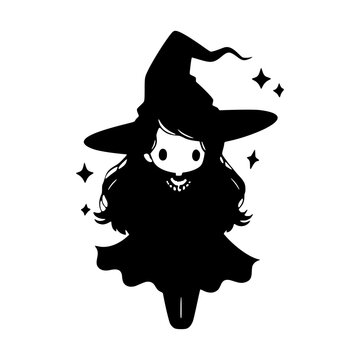 Cute kawaii witch in hat. Black little girl silhouette. Anime cartoon style. Halloween trick or treat funny character. Vector flat illustration isolated on white background.