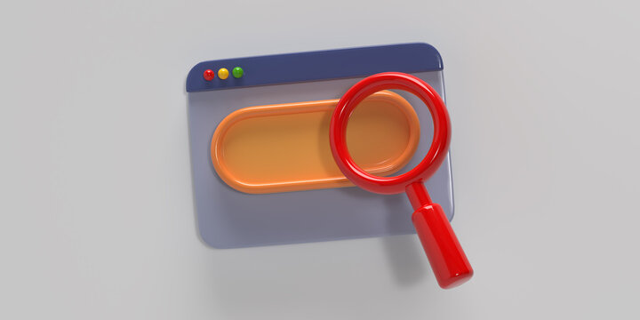 Magnifying glass on search engine browsing app network, smartphone, web internet. Business Research Development concept. 3D render magnifier illustration design background, copy space, clipping path.