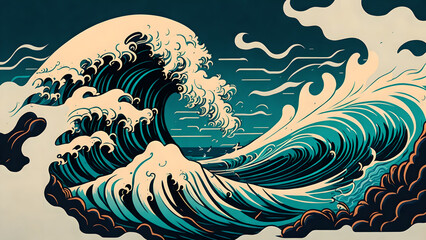 Abstract Hokusai style background. Waves, sea generative ai