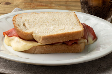 Delicious toasted bread with mortadella and cheese on white plate.