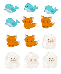 Expressive A Drawing face Cute Animal Series Depicting Vibrant Dolphins, Wolves, and Sheep with Illustrated Charm