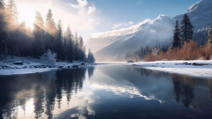 Winter forest reflected in water.  Morning sunlight