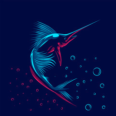 Black marlin logo with colorful neon line art design with dark background. Abstract underwater animal vector illustration.