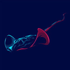 Stingray logo with colorful neon line art design with dark background. Abstract underwater animal vector illustration.