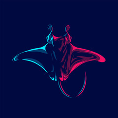 Manta ray logo with colorful neon line art design with dark background. Abstract underwater animal vector illustration.