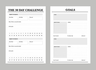 30 Chanllenge Goal Planner. Minimalist planner template set. Vector illustration.	 