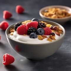 A bowl of Greek yogurt with a variety of toppings such as granola and fresh berries showcasing a nutritious and versatile breakfast option 
