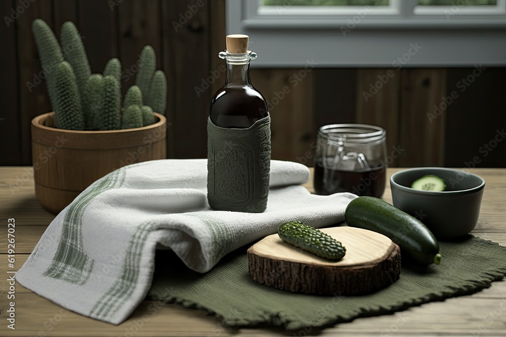 Aufkleber rustic wooden table adorned with a bottle of red wine and fresh cucumbers. generative ai
