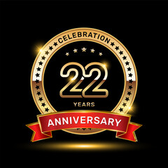 22th anniversary celebration logo design with golden color emblem style and red ribbon, vector template