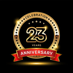 23th anniversary celebration logo design with golden color emblem style and red ribbon, vector template