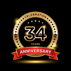 34th anniversary celebration logo design with golden color emblem style and red ribbon, vector template