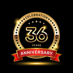 36th anniversary celebration logo design with golden color emblem style and red ribbon, vector template