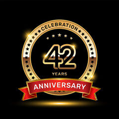 42th anniversary celebration logo design with golden color emblem style and red ribbon, vector template