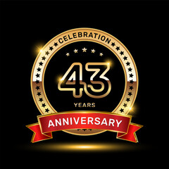 43th anniversary celebration logo design with golden color emblem style and red ribbon, vector template
