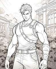 Fototapeta na wymiar Black and white coloring book page of muscular super hero guy 
