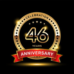 46th anniversary celebration logo design with golden color emblem style and red ribbon, vector template