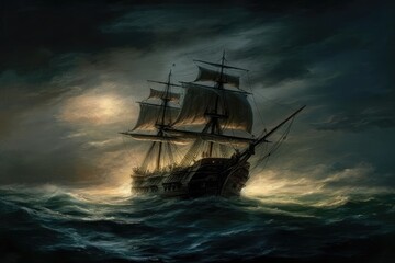 Obraz premium ship battling against turbulent waves in a stormy sea