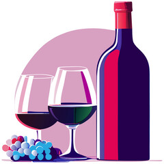 A bottle of wine and a wineglass with grapes