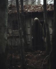 Fototapeta na wymiar Creepy stalking monster by a cabin in the woods nightmare scene