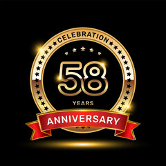 58th anniversary celebration logo design with golden color emblem style and red ribbon, vector template