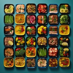 A collection of colorful meal prep containers filled with portioned meals promoting organized and nutritious eating habits 